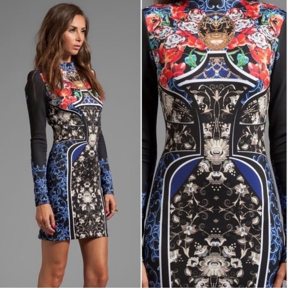 CLOVER CANYON BAROQUE EGG LONG SLEEVED STRAIGHT BLUE RED SHEATH DRESS SZ S - Picture 2 of 6